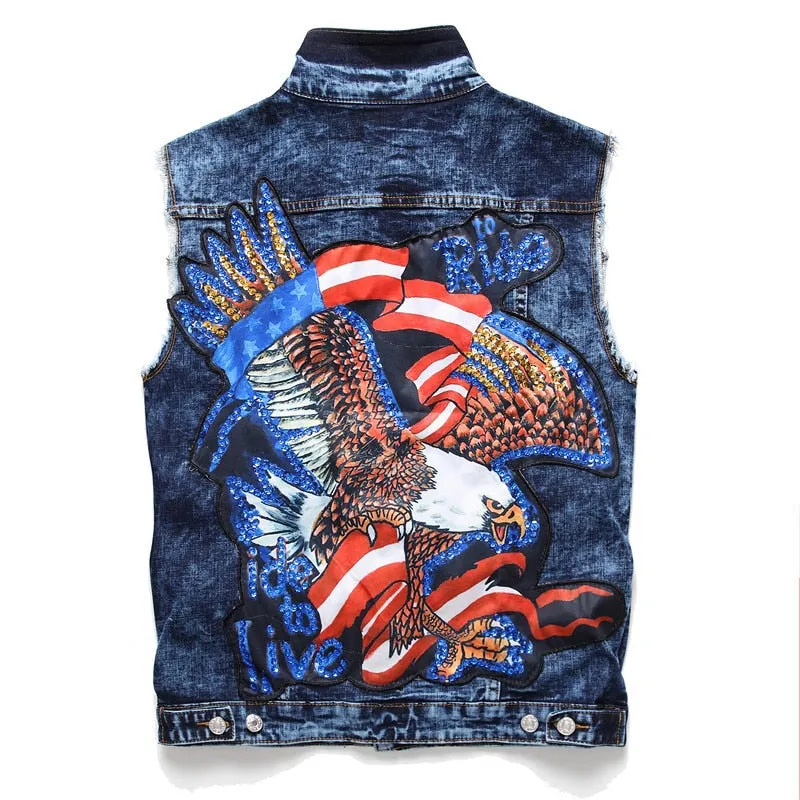 Mens Punk Denim Vests Skull Embroidery Waistcoat Slim Fit Jeans Sleeveless Jacket