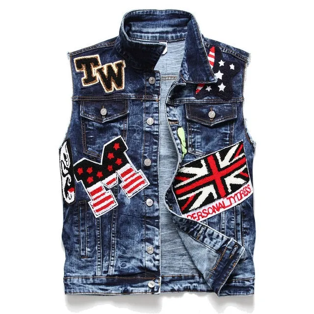 Mens Punk Denim Vests Skull Embroidery Waistcoat Slim Fit Jeans Sleeveless Jacket