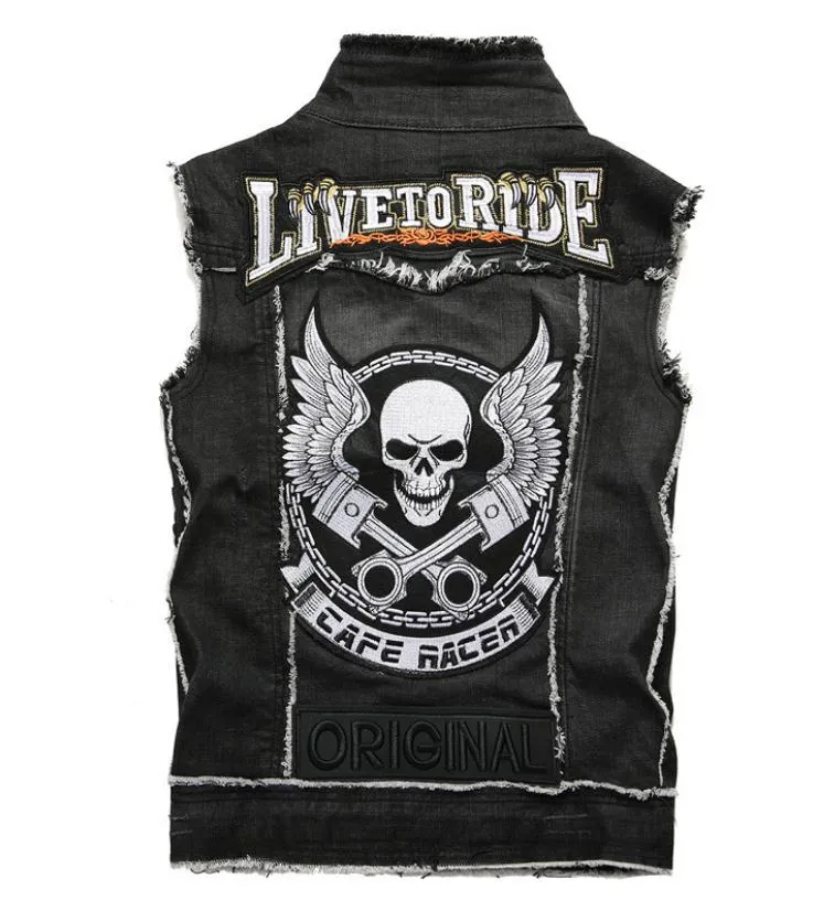 Mens Punk Denim Vests Skull Embroidery Waistcoat Slim Fit Jeans Sleeveless Jacket