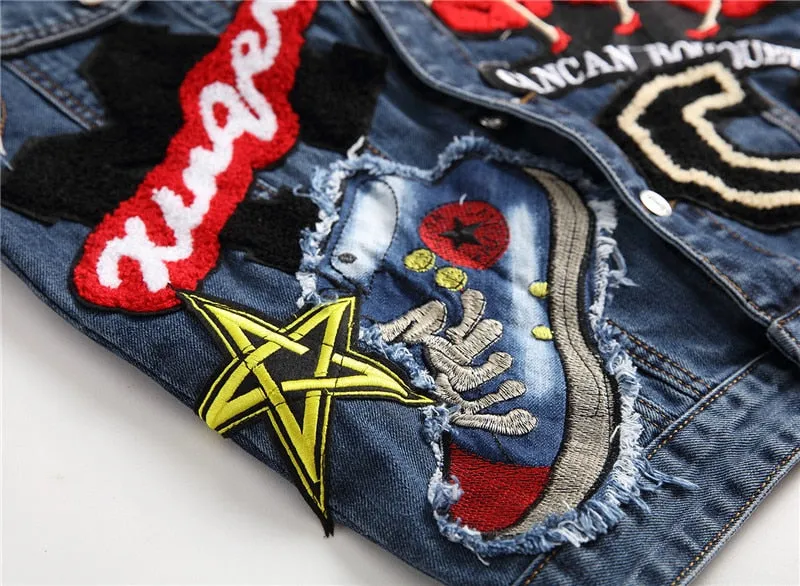 Mens Punk Denim Vests Skull Embroidery Waistcoat Slim Fit Jeans Sleeveless Jacket