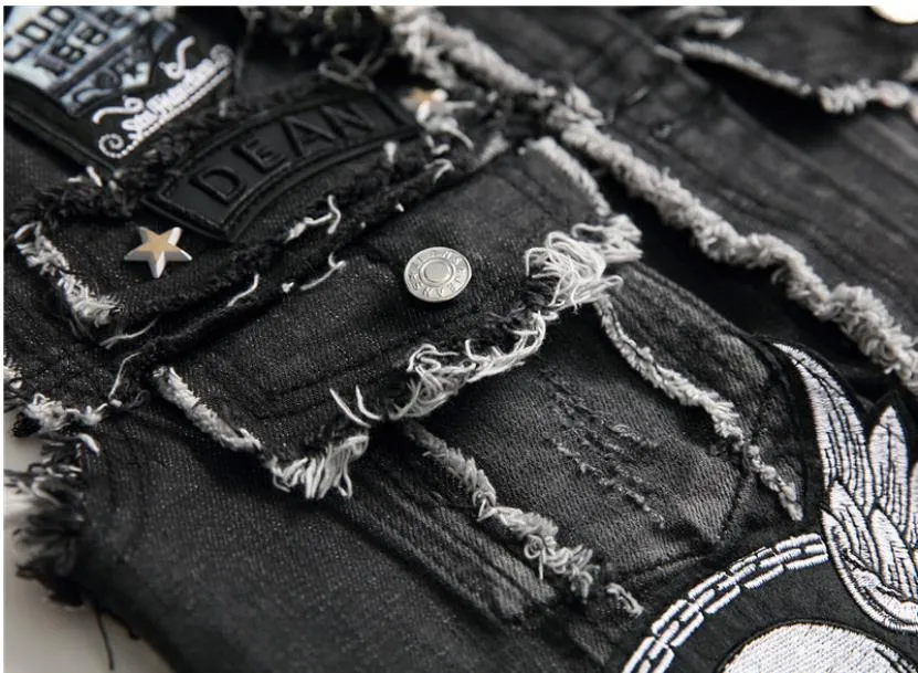 Mens Punk Denim Vests Skull Embroidery Waistcoat Slim Fit Jeans Sleeveless Jacket