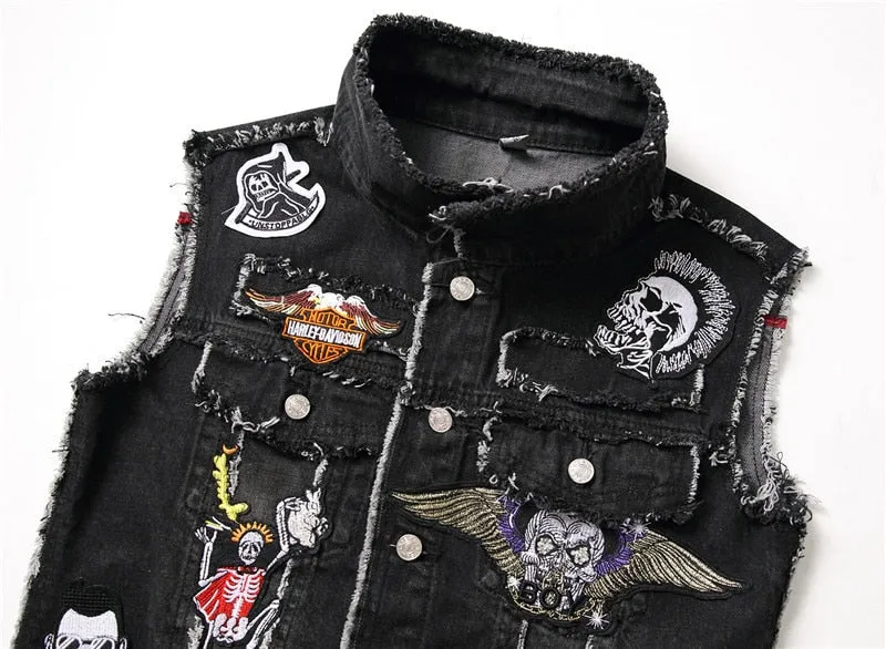 Mens Punk Denim Vests Skull Embroidery Waistcoat Slim Fit Jeans Sleeveless Jacket