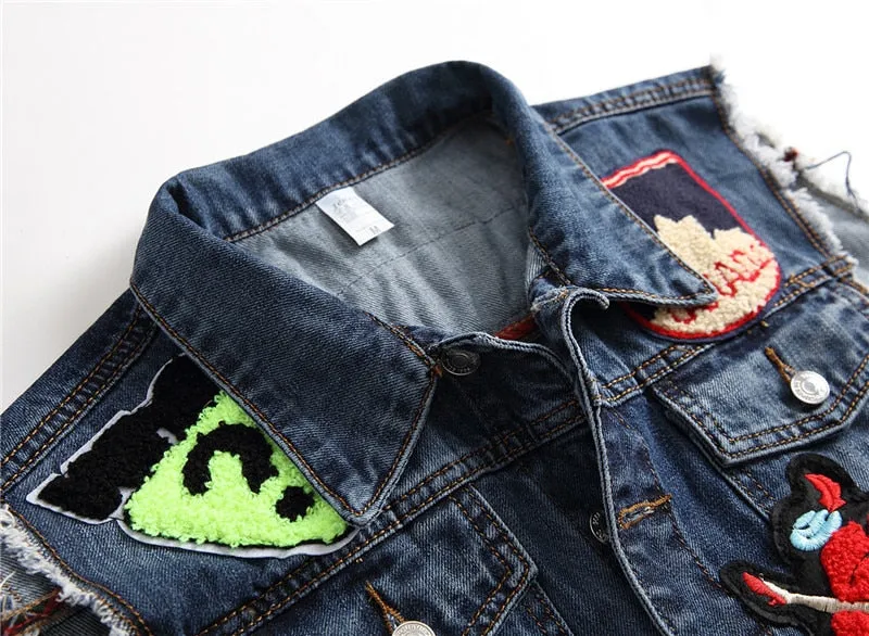 Mens Punk Denim Vests Skull Embroidery Waistcoat Slim Fit Jeans Sleeveless Jacket