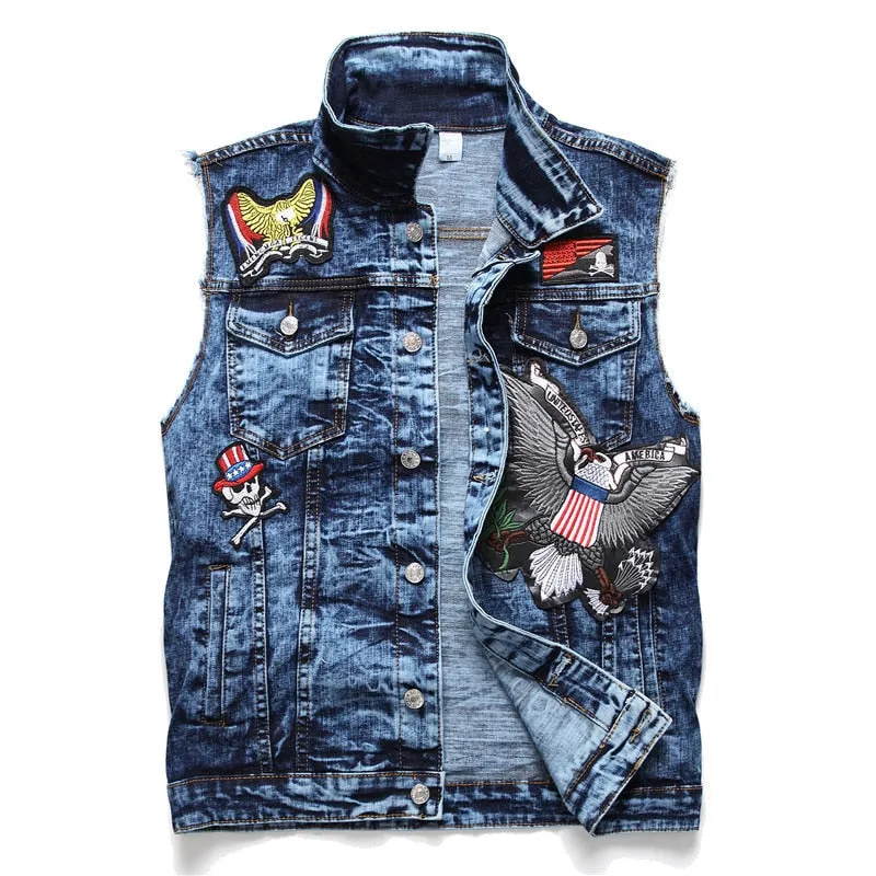 Mens Punk Denim Vests Skull Embroidery Waistcoat Slim Fit Jeans Sleeveless Jacket