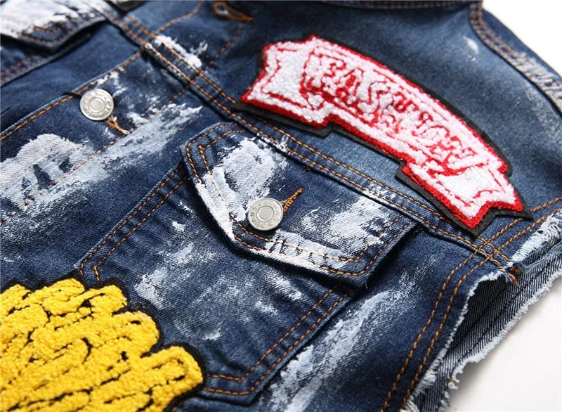 Mens Punk Denim Vests Skull Embroidery Waistcoat Slim Fit Jeans Sleeveless Jacket