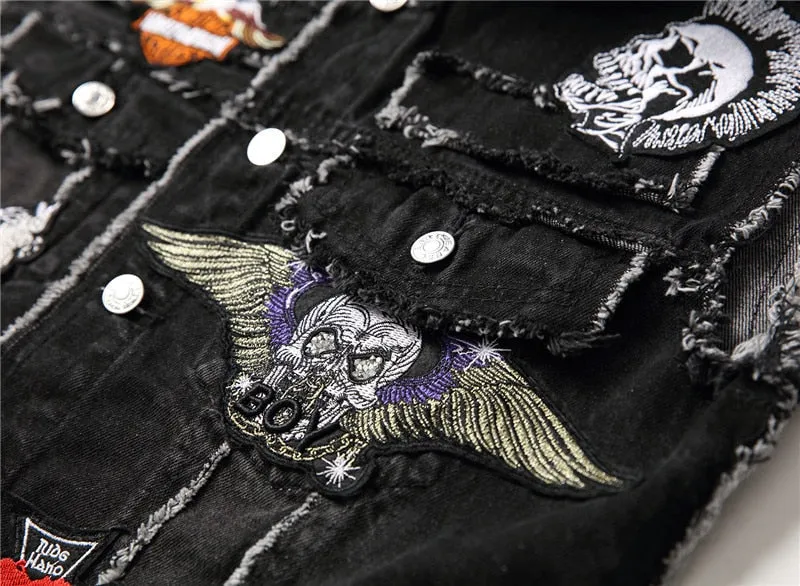 Mens Punk Denim Vests Skull Embroidery Waistcoat Slim Fit Jeans Sleeveless Jacket