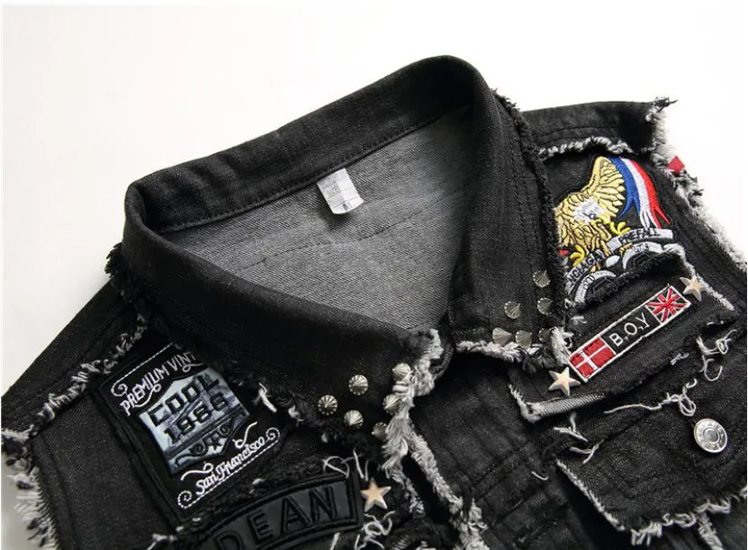 Mens Punk Denim Vests Skull Embroidery Waistcoat Slim Fit Jeans Sleeveless Jacket