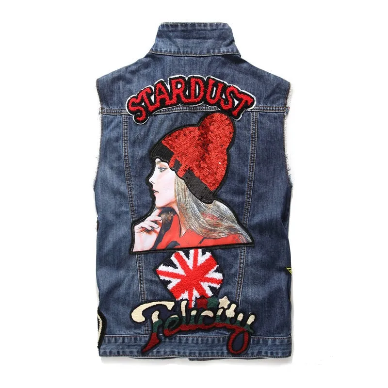 Mens Punk Denim Vests Skull Embroidery Waistcoat Slim Fit Jeans Sleeveless Jacket