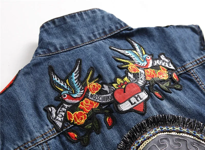 Mens Punk Denim Vests Skull Embroidery Waistcoat Slim Fit Jeans Sleeveless Jacket