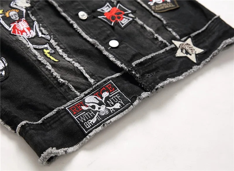 Mens Punk Denim Vests Skull Embroidery Waistcoat Slim Fit Jeans Sleeveless Jacket