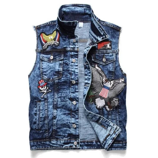 Mens Punk Denim Vests Skull Embroidery Waistcoat Slim Fit Jeans Sleeveless Jacket