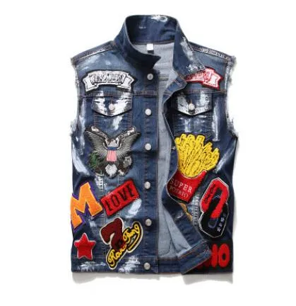 Mens Punk Denim Vests Skull Embroidery Waistcoat Slim Fit Jeans Sleeveless Jacket