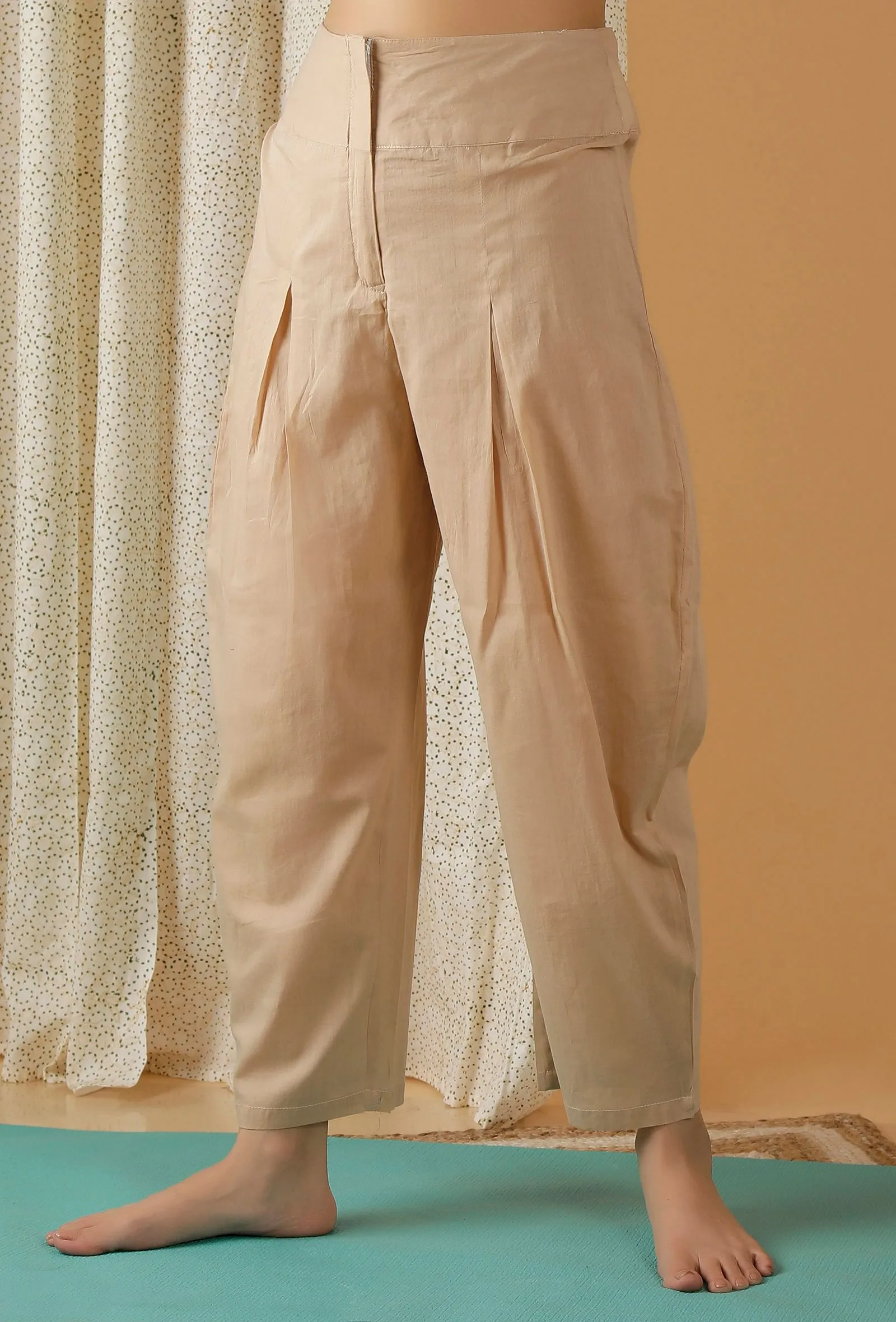 Mulmul Cotton Solid Beige Pleated Harem Pants