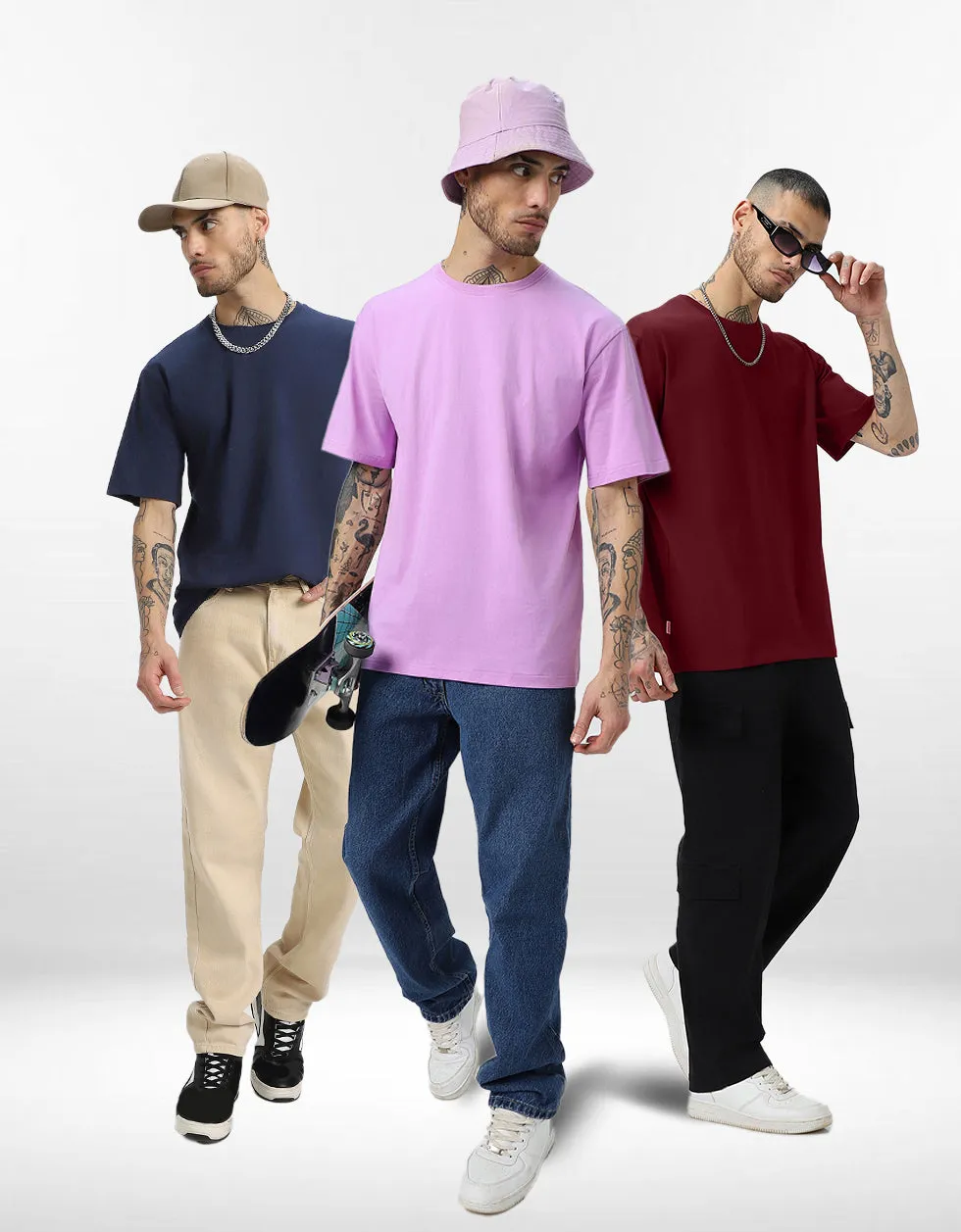 Pack of 3 Oversized Tees: Maroon & Lilac & Navy