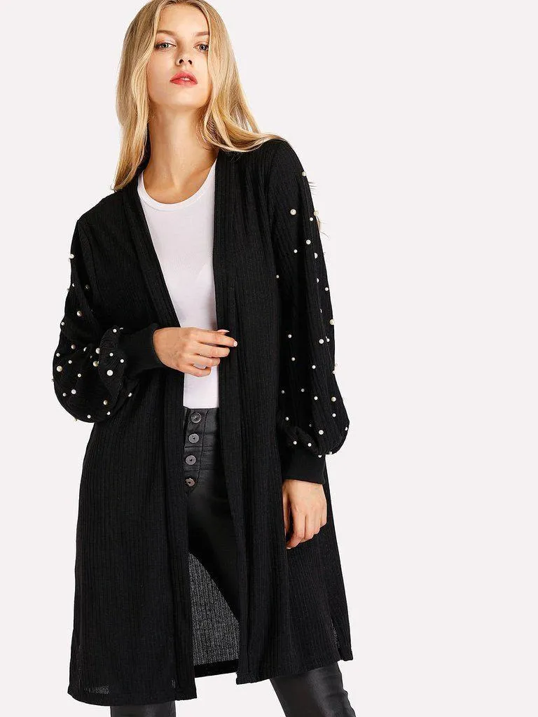 Pearl Beading Balloon Sleeve Cardigan