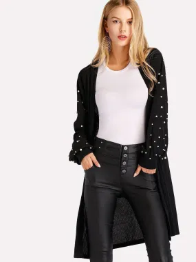 Pearl Beading Balloon Sleeve Cardigan