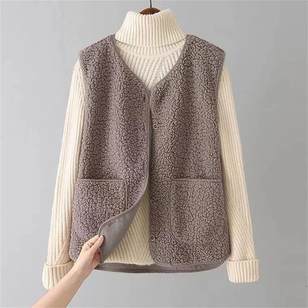 Vests New Spring Autumn Women Button Waistcoat Lamb Wool Winter Thermal Warm Thick Fleece Vests Sleeveless Jacket Ladies Coats