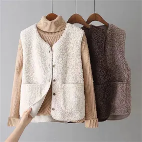 Vests New Spring Autumn Women Button Waistcoat Lamb Wool Winter Thermal Warm Thick Fleece Vests Sleeveless Jacket Ladies Coats