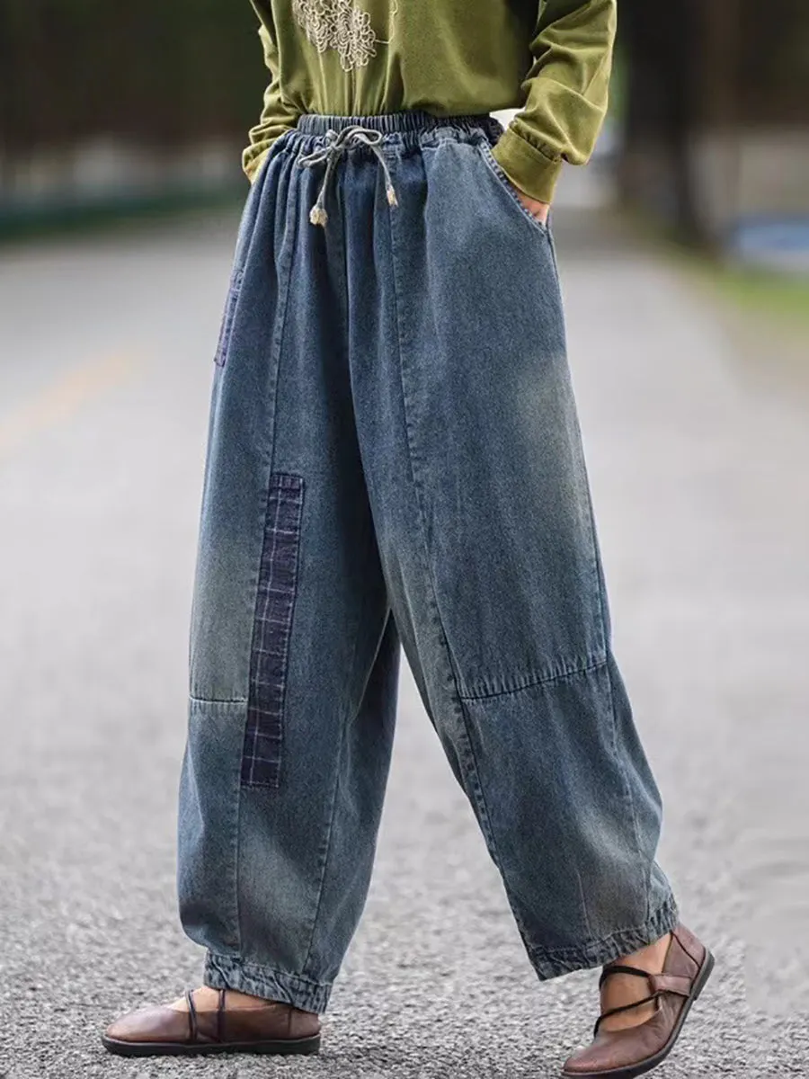 Women Autumn Retro Patch Denim Spliced Harem Pants AS1034