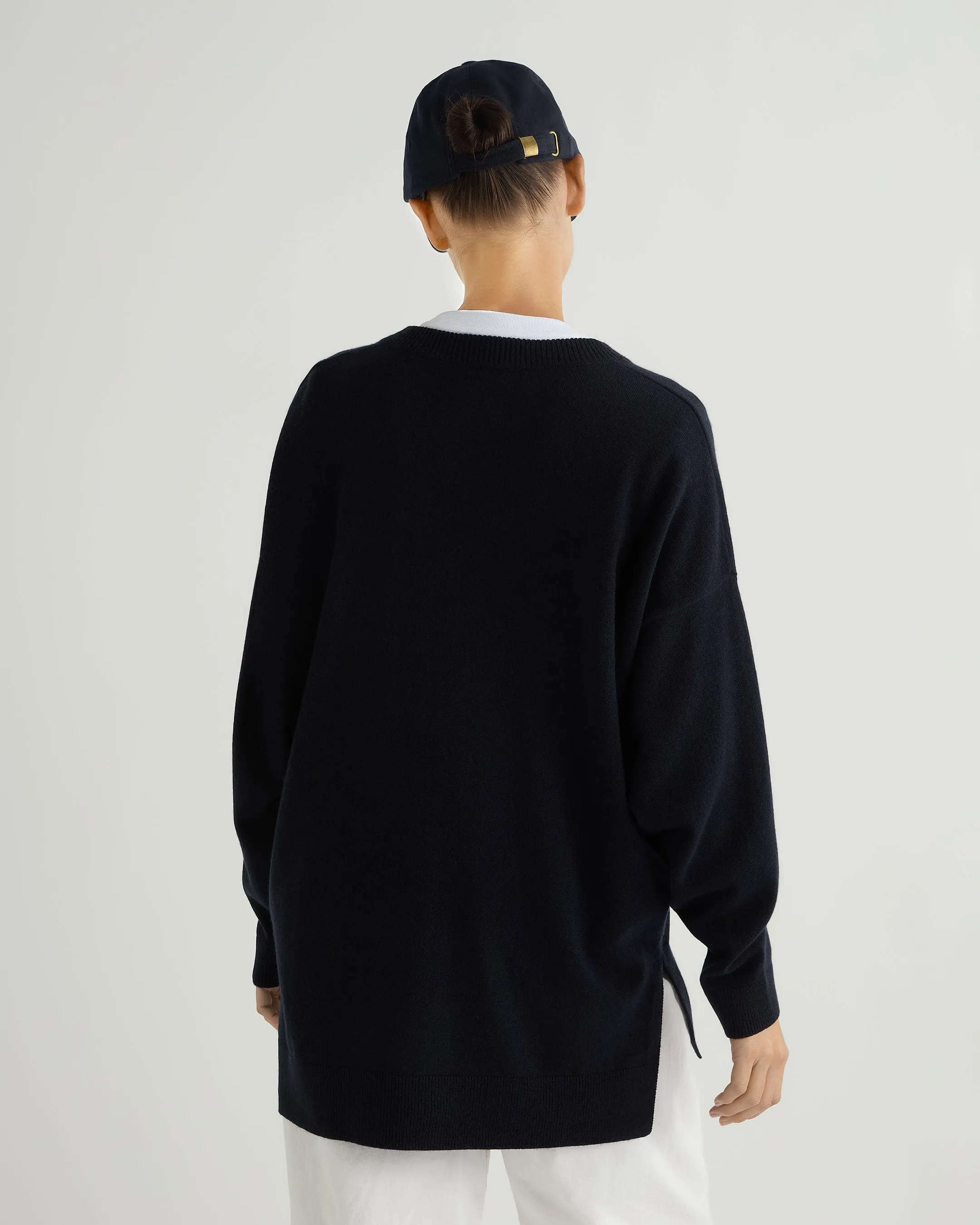 Women's Longline V Neck Cashmere Sweater Navy Blue